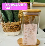 “STAND STILL” Dishwasher Safe 15oz Square Glass BUNDLE Set with Flower Coaster