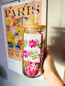 SPRING LEAVES AND FLOWERS 20oz GLASS CUP GLASS (LID/STRAW SOLD SEPARATELY)