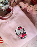Kitty Holding Pink Heart  Embroidered Crewneck