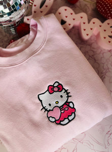 Kitty Holding Pink Heart  Embroidered Crewneck