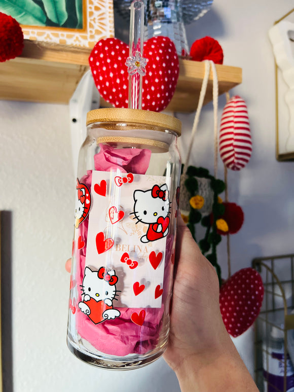 “HEARTS AND BOWS” Kitty GLASS 20oz (LID/STRAW SOLD SEPARATELY)