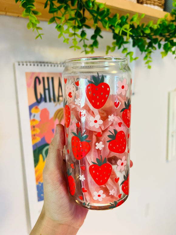 Strawberry Can Glass Cup w/Bamboo Lid & Straw – Donna D's Boutique