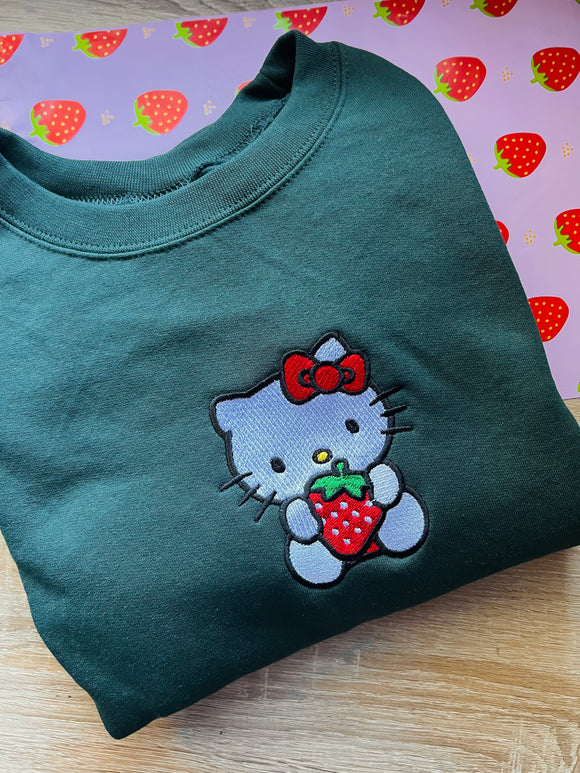 Cutest Strawberry Kitty Embroidered Crewneck