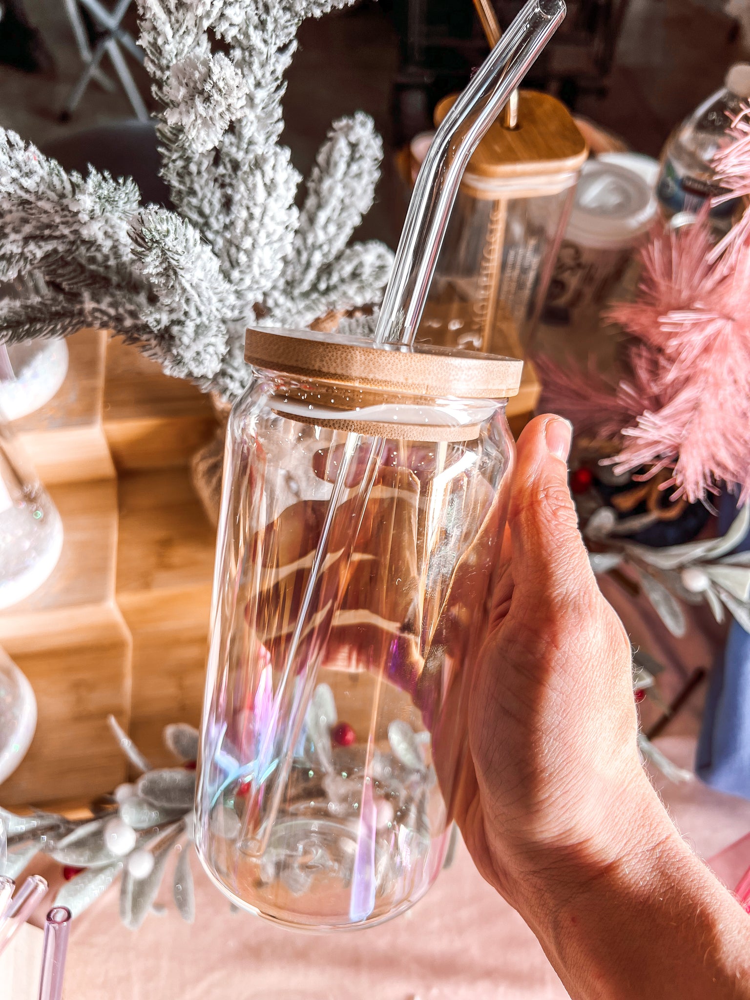 Rainbow Iridescent Libby Cup with Glass Straw