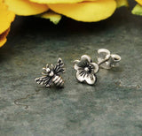 Bumble Bee and Flower Sterling Silver Mismatch Stud Earrings